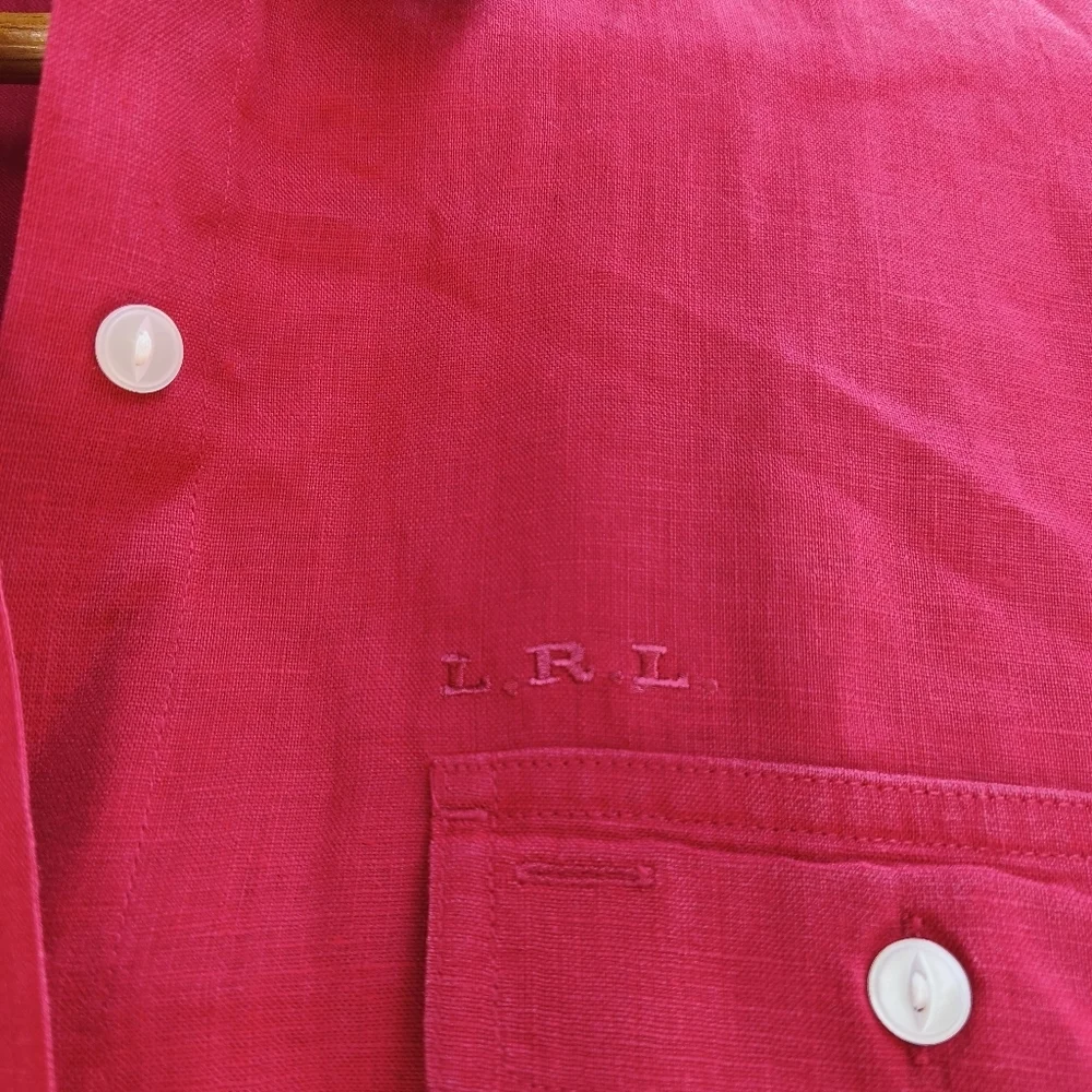90s y2k Lauren Ralph Lauren 100% Linen Button Down Top sz M Red Preppy Old Money